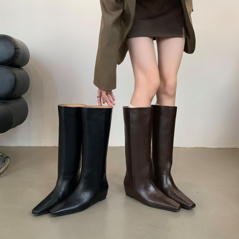 2026 New Fahionable French Style Pointed Toe Chunky Women' High Genuine Leather Wedge Heel Straight Wide Leg Long_vogvips.com