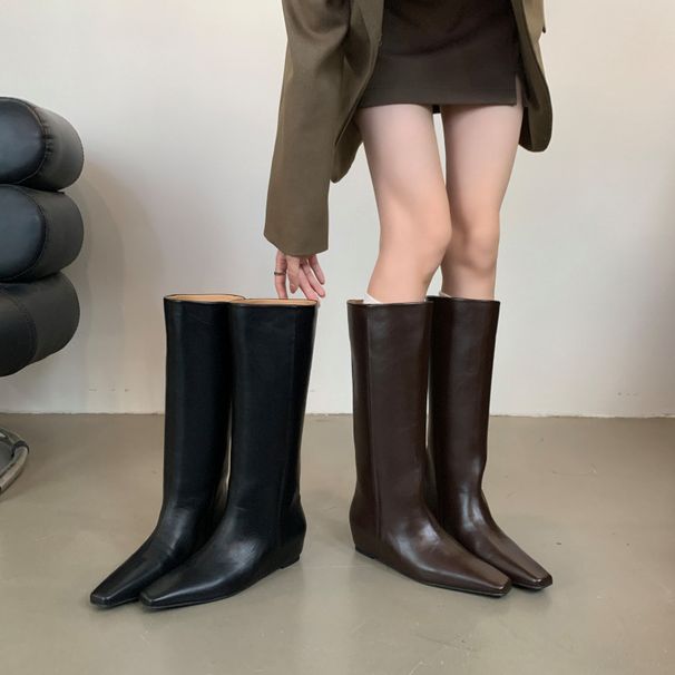 2026 New Fahionable French Style Pointed Toe Chunky Women' High Genuine Leather Wedge Heel Straight Wide Leg Long_vogvips.com