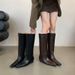 2026 New Fahionable French Style Pointed Toe Chunky Women' High Genuine Leather Wedge Heel Straight Wide Leg Long_vogvips.com