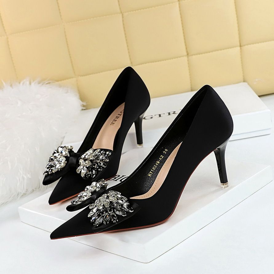 High heels women's shoes super high heel shallow mouth pointed silk rhinestone bow single shoes_vogvips.com
