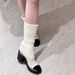 All Cowhide~ Genuine Leather Color Matching Thick-soled Medium Boots Women's Small Fragrant High-heeled Short Boots Elastic Thin Boots Socks Ankle_vogvips.com