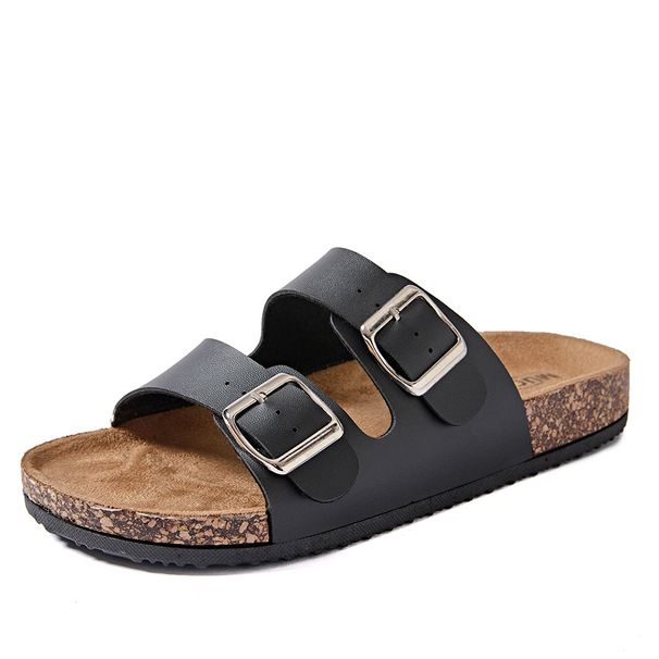 Shoes 2025 Summer New Double-Breasted Cork Slippers Unisex Outdoor Leather One-Word Sandals_vogvips.com