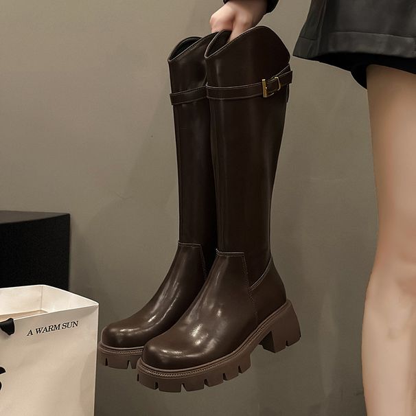 Korean Style Over-the-Knee Long Autumn Winter Fleece Lined Elastic V-Cut Back Zipper Thick Sole Mid-High Women's Riding_vogvips.com