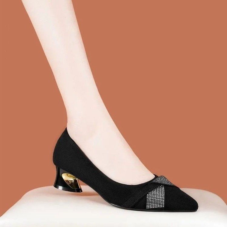 Fashion Temperament Rhinestone Light Mouth Single Shoes Women's Mid-heel Season Fashion Pointed Thick Heel High Heels_vogvips.com