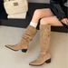 Seven Oranges~ Genuine Leather Pointed Toe Riding For Women, Over-the-Knee Chunky Heel Buckle Strap Long Boots, Height_vogvips.com