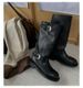 Cowhide Version Buckle Locomotive Boots Long Boots Women's Thick Heel Round Head Splicing Western Boots Pleated Stacking Boots Knight Boots_vogvips.com
