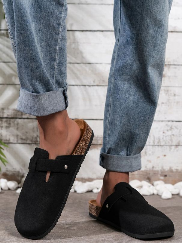 Men's Teen Mules New Spring Vintage Casual Slip-On Shoes Pu Upper Cork Pattern Closed Toe Half Slippers With Adjustable Buckle_vogvips.com