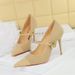 9116-3 Korean Fahion Banquet High Women' Slim Heel Shallow Mouth Corduroy Spliced Pointed One Piece Strap Single_vogvips.com