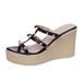Large Size 2025 Summer New Style Open Toe Cool For Women, With Straight Rivets, High Woven Wedge Heels, Thick Soled_vogvips.com