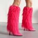 Women's Pointed Toe Stiletto Heel Suede Fringe Boots Fashion High Boots For Fall Winter Autumn And Winter Fashion Boots, Slip On Long Boots._vogvips.com