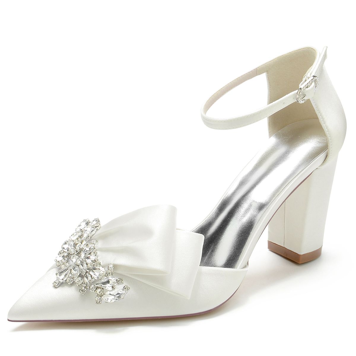 Women's Chunky Heel Pointed Toe Hollow Rhinestone Wristband Wedding Dress Shoes Bridesmaid Evening Footwear Size 35 To 40_vogvips.com