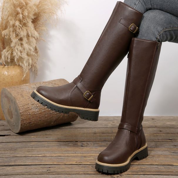 Winter Thigh Boots For Women Retro Style Round Toe British Equestrian Design Winter New Style Belt Buckle_vogvips.com