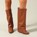 Women's Chunky Heeled Pleated Fashion Boots High Leg Trouser Belt Buckle Slip On Knee High Boots_vogvips.com