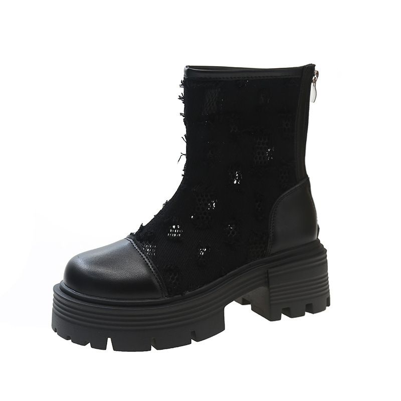Breathable Martin Spring And Summer Thin Short 2025 New Thick-Soled Mesh Boots, Denim Hollow-Out Sandals_vogvips.com