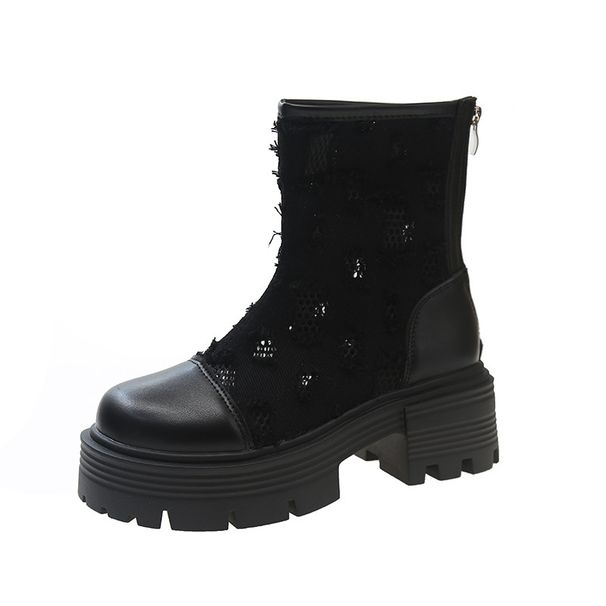 Breathable Martin Spring And Summer Thin Short 2025 New Thick-Soled Mesh Boots, Denim Hollow-Out Sandals_vogvips.com