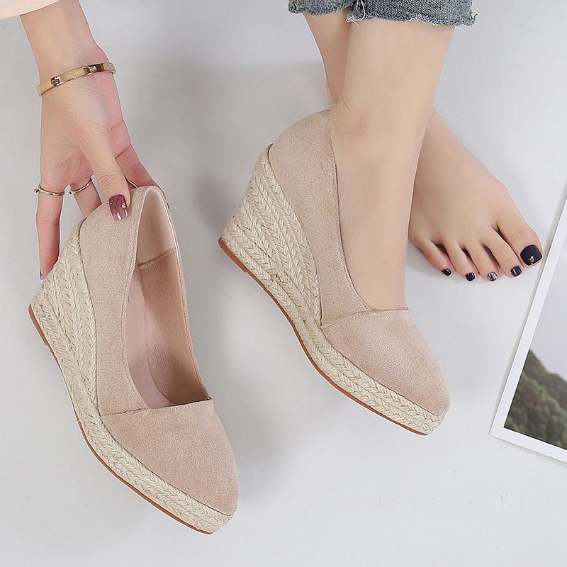 Women's Wedge Heel Shoes Shallow Mouth Pointed Toe Thick Sole High Heels Work Shoes Spring Autumn Style Chunky Straw Woven_vogvips.com
