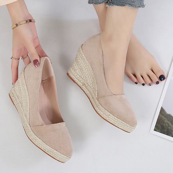 Women's Wedge Heel Shoes Shallow Mouth Pointed Toe Thick Sole High Heels Work Shoes Spring Autumn Style Chunky Straw Woven_vogvips.com