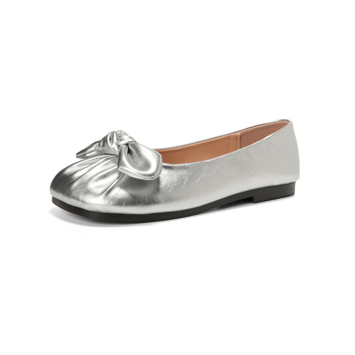 Bow Ballet Single Shoes Women's Shallow Mouth Flat-bottomed French Silver One-Pedal Beanie Shoes_vogvips.com