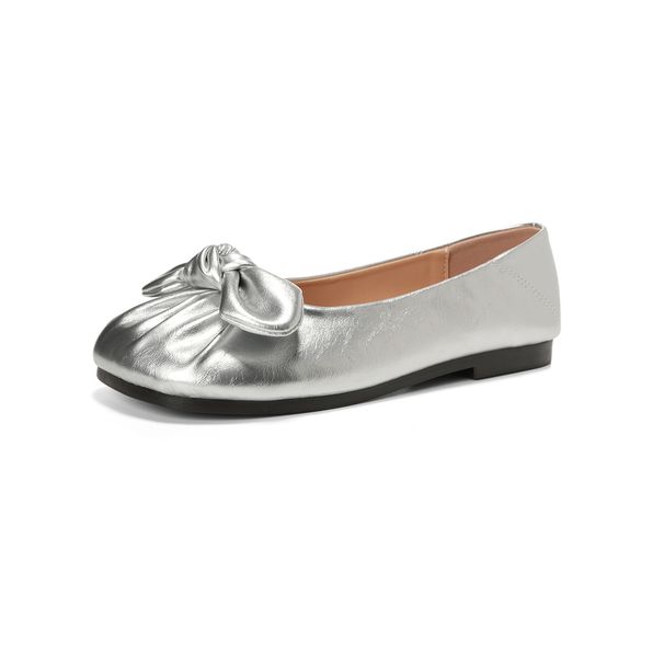 Bow Ballet Single Shoes Women's Shallow Mouth Flat-bottomed French Silver One-Pedal Beanie Shoes_vogvips.com