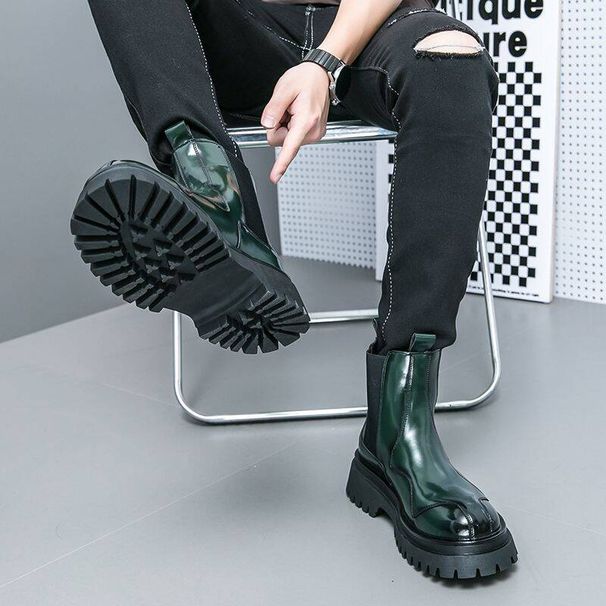 High-end Green Martin British-style Motorcycle Thick-soled Chelsea Men's Short Boots, Height-increasing Slip-on Boots_vogvips.com