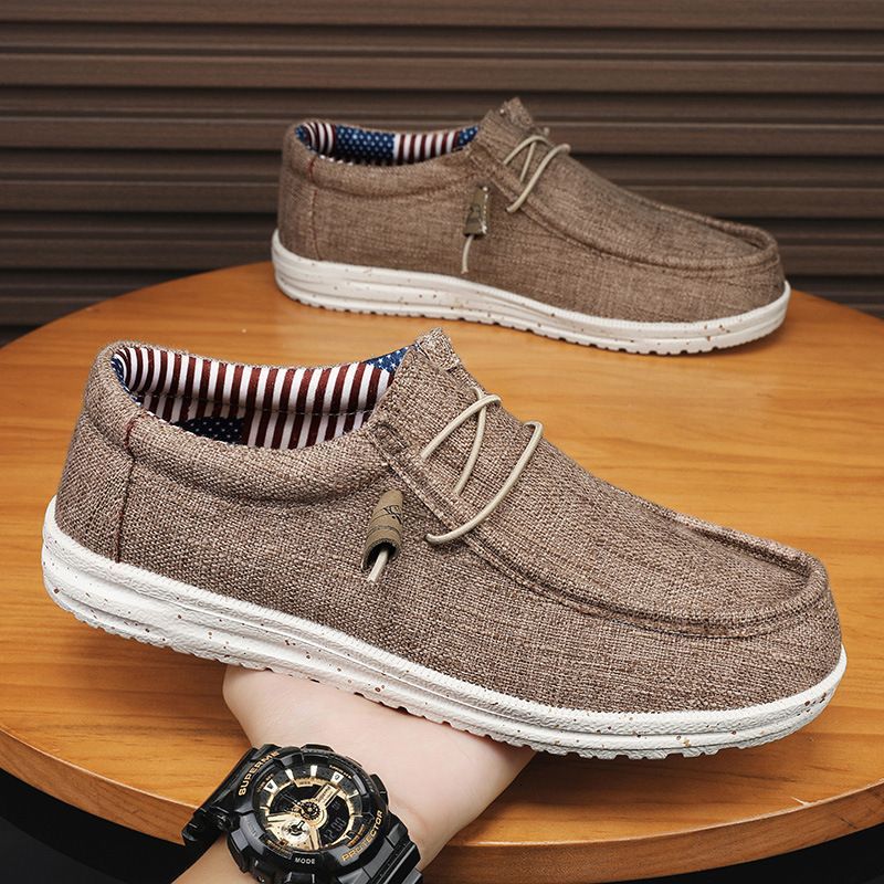 Linen Canvas Slip On Boat Shoes Elastic No Tie Laces Lightweight Breathable Casual Walking Loafers For Men_vogvips.com