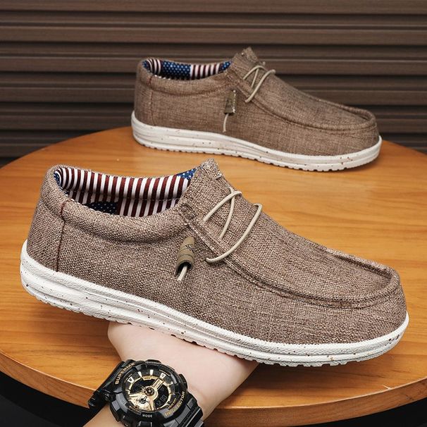 Linen Canvas Slip On Boat Shoes Elastic No Tie Laces Lightweight Breathable Casual Walking Loafers For Men_vogvips.com
