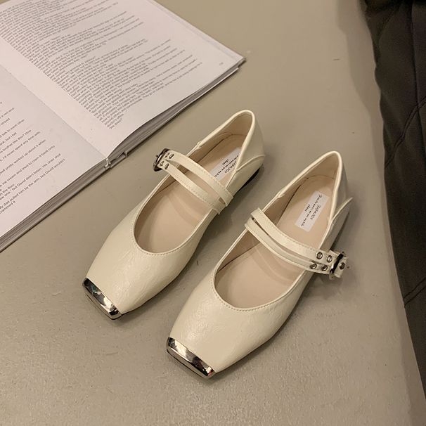 French Metal Square Head Shallow Mouth Single Shoes Women's Retro Word With Mary Jane Soft-soled Small Leather Shoes_vogvips.com