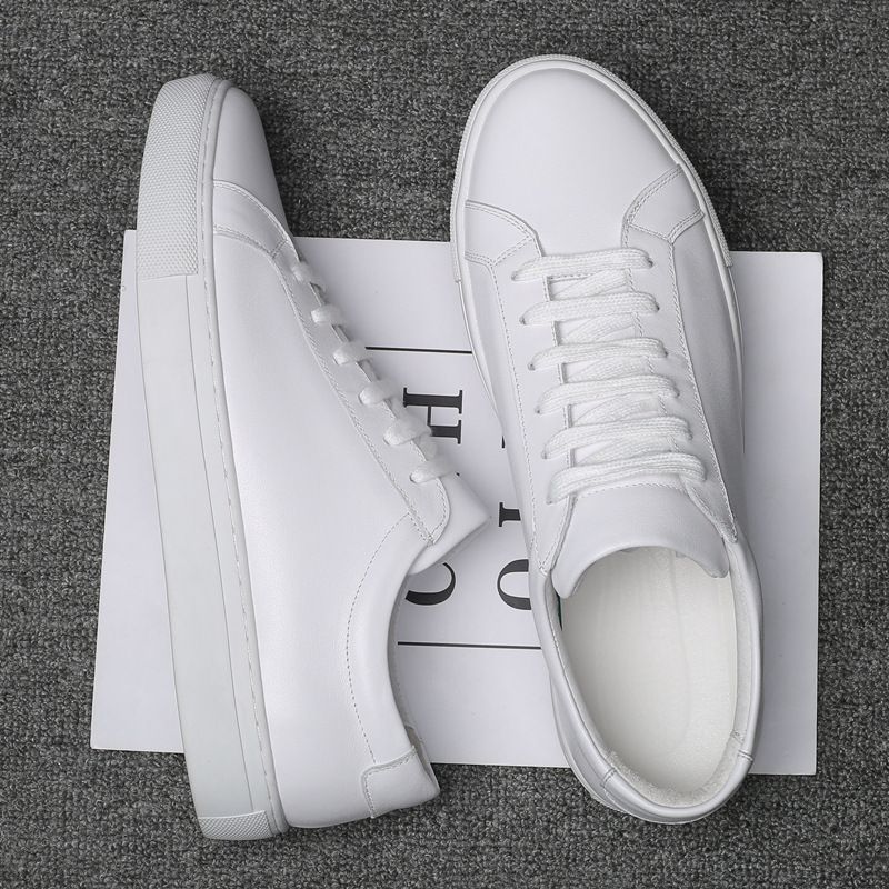 Men's Genuine Leather Casual Sneakers Thick Sole Korean Style Trendy Versatile White Shoes_vogvips.com