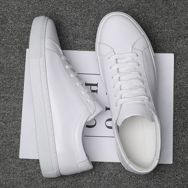 Men's Genuine Leather Casual Sneakers Thick Sole Korean Style Trendy Versatile White Shoes_vogvips.com