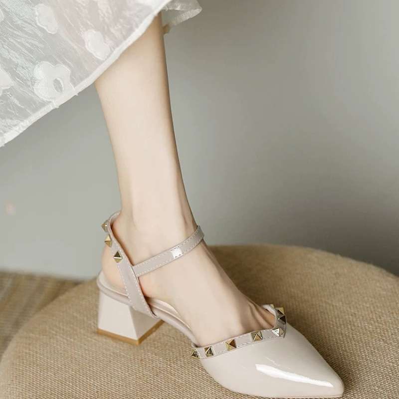 Backless Open-toe Sandals For Women 2025 Summer New Rivet High-end Niche French Style Pointed Toe Chunky Heel High Heels_vogvips.com