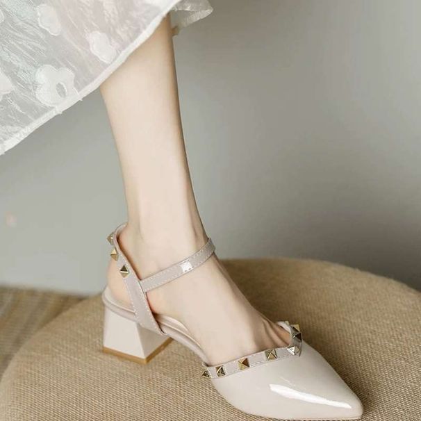 Backless Open-toe Sandals For Women 2025 Summer New Rivet High-end Niche French Style Pointed Toe Chunky Heel High Heels_vogvips.com