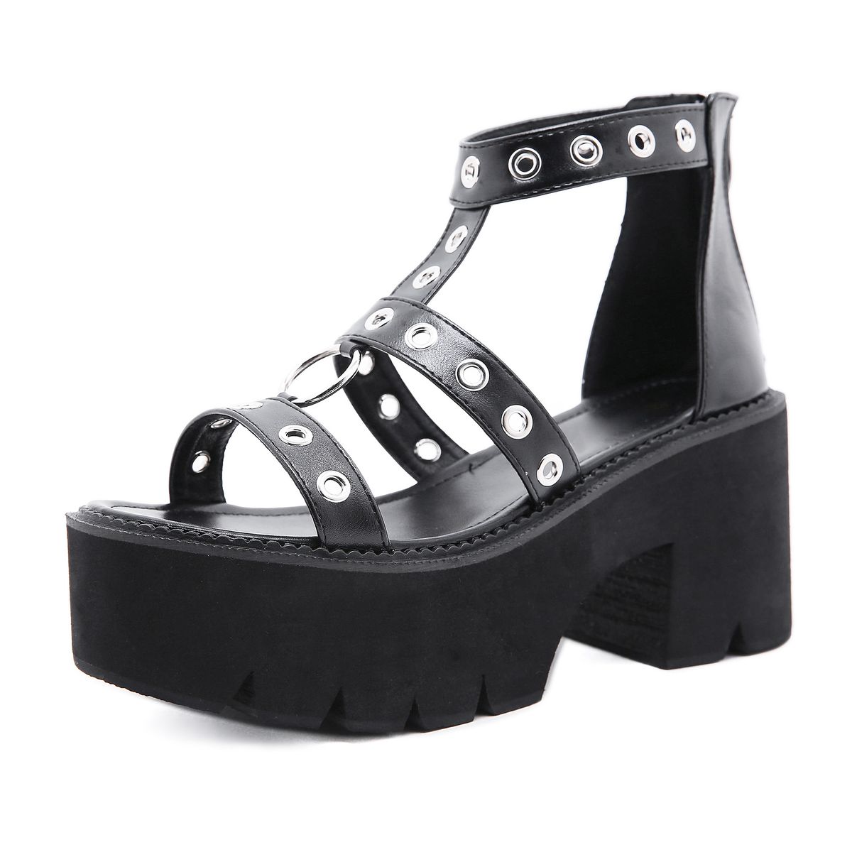 Women’s Shoes New Open Toe Metal Ring Hollow High Heeled Sandals Thick Soled Roman Shoes Trendy Height Enhancing Women's Shoes_vogvips.com