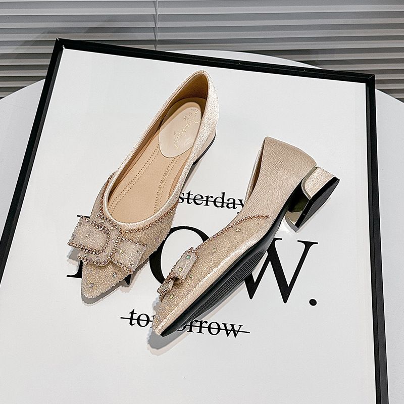 Pointed-toe 2025 New French Style High-end Chunky Heel With Rhinestones, Shallow Cut, Elegant Bowknot,_vogvips.com
