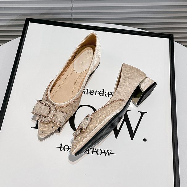 Pointed-toe 2025 New French Style High-end Chunky Heel With Rhinestones, Shallow Cut, Elegant Bowknot,_vogvips.com