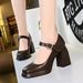 thick Heel Square Heel High Heel Waterproof Table Square Head Shallow Mouth Belt Buckle One Word Belt Single Shoe Women_vogvips.com