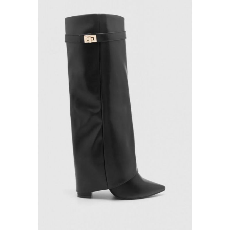 Cross-Border Foreign Trade Pointed Toe Tube Straight Metal Buckle Mid-Calf Large Size Chunky Heel Trouser Women's Boots_vogvips.com