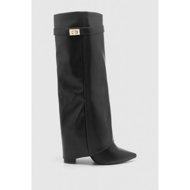 Cross-Border Foreign Trade Pointed Toe Tube Straight Metal Buckle Mid-Calf Large Size Chunky Heel Trouser Women's Boots_vogvips.com