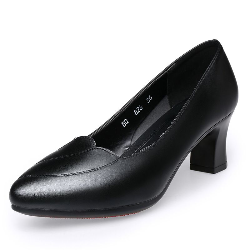 Comfortable Slip-On Work Pumps – Soft Leather Mid-Heel Shoes For Women (Black/Beige, 3cm Block Heel)_vogvips.com