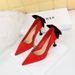 17175-A2 Korean Version Sweet Heels Women's Shoes Thin High Heel Suede Shallow Mouth Pointed Colored Bow Tie Single Shoe_vogvips.com