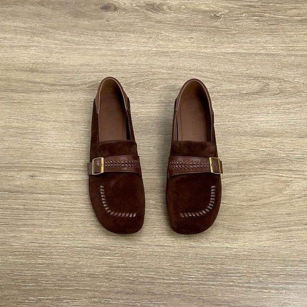 2026 Spring New Vintage Style Round-Toe Flat Loafers For Women, Versatile And Comfortable Suede Woven Slip-On Women's_vogvips.com