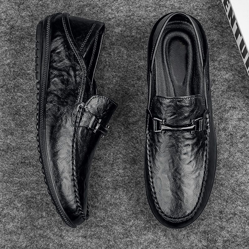 Men's Shoes Genuine Leather Business British Style Casual Soft Soled Leather Shoes Men's Soft Soled Slip On Black Loafers Trendy Shoes_vogvips.com