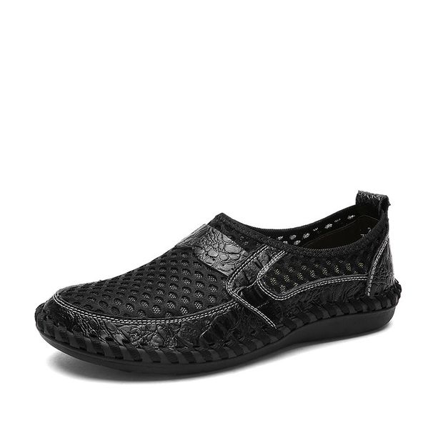 45 46 Mesh Cowhide Crocodile Pattern Stitching Men's Casual Shoes Breathable Large Size_vogvips.com