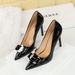 Banquet Super High-heeled Women's Single Shoes Patent Leather Metal Bow Splicing Stiletto High Heels_vogvips.com