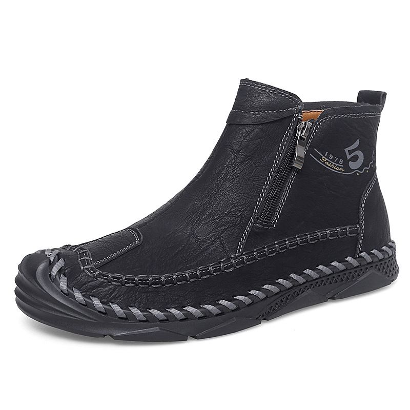 Large Size Men's Leather Boots, Men's Fashion Stitching Shoes, Ankle Boots, Flat Martin Boots, Outdoor High-Top Shoes 99_vogvips.com