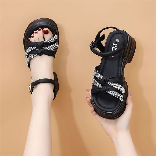 thick-soled Medium-heeled Rhinestone Sandals Women's Small Light And Fashionable Skirt Seaside Beach Shoes_vogvips.com