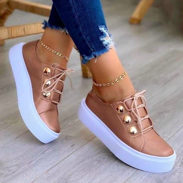 Women's Casual Shoes Leather Lace Up Ladies Sneakers Thick Soled Metal Decoration Breathable Female Flat Shoes XF0116_vogvips.com