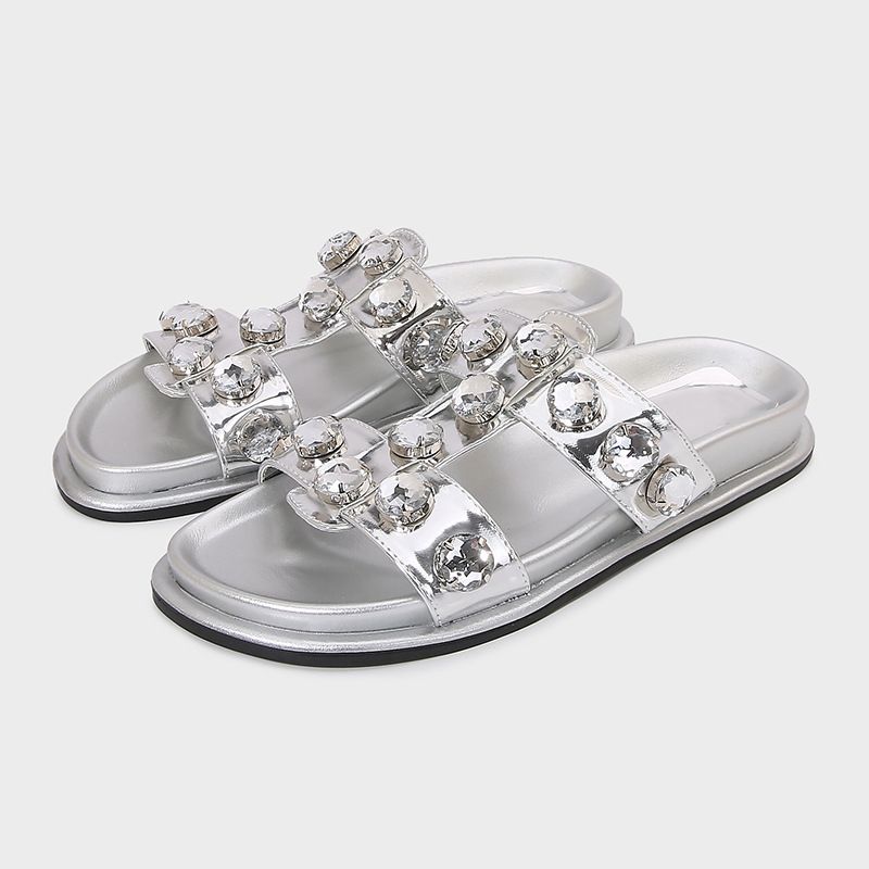Women's Black Rhinestone Embellished Flat Sandals Fashionable Casual Slippers with Thick Sole And Racerback Design Summer Arrival_vogvips.com