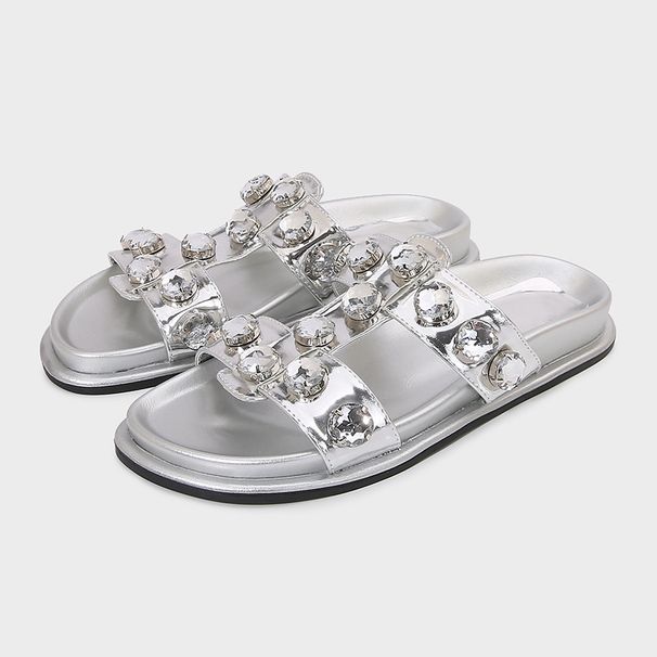 Women's Black Rhinestone Embellished Flat Sandals Fashionable Casual Slippers with Thick Sole And Racerback Design Summer Arrival_vogvips.com