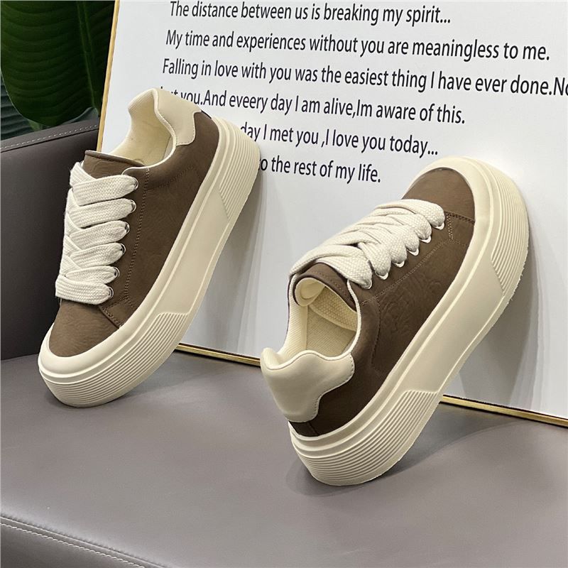 Trendy Men's Shoes, 2025 Winter New Model, Lace-Up Soft Leather Solid Color Sneakers, Thick-Soled Dad Shoes_vogvips.com
