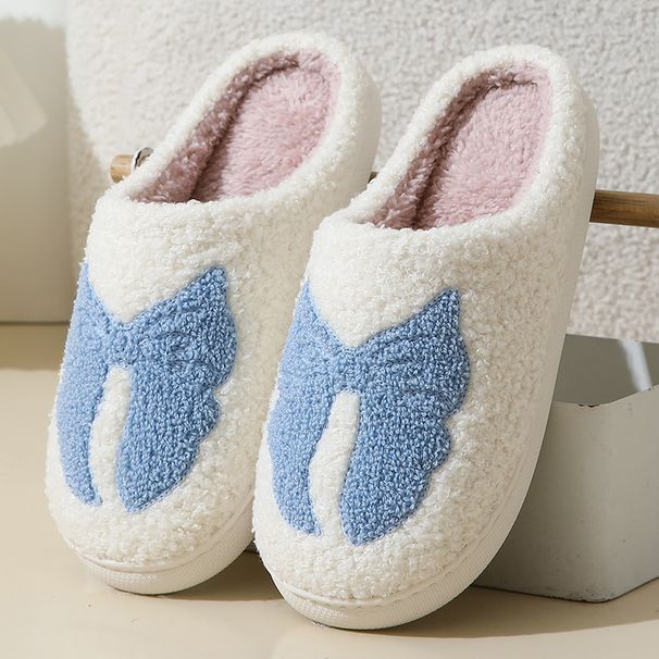 Cozy Cartoon Bow Knit Slippers For Women & Men - Warm Fleece-Lined Indoor House Shoes With Non-Slip TPR Sole Indoor Cotton Slippers_vogvips.com